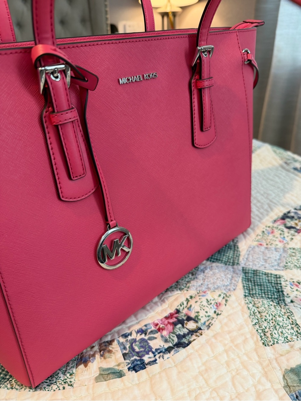 Michael Kors Hot Pink Saffiano Large Tote with MK Charm - Picture 2 of 14